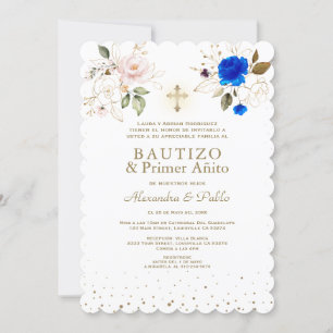 Invitation Charm Twins Rose Bleu Fleurs Primer Añito Bautizo