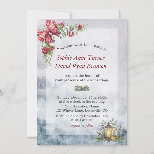 Invitation Charm Watercolor Winter Scène Mariage de Noël (Devant)