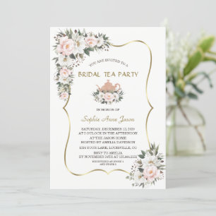 Invitation Charm White Blush Flowers Gold Bridal Tea Party