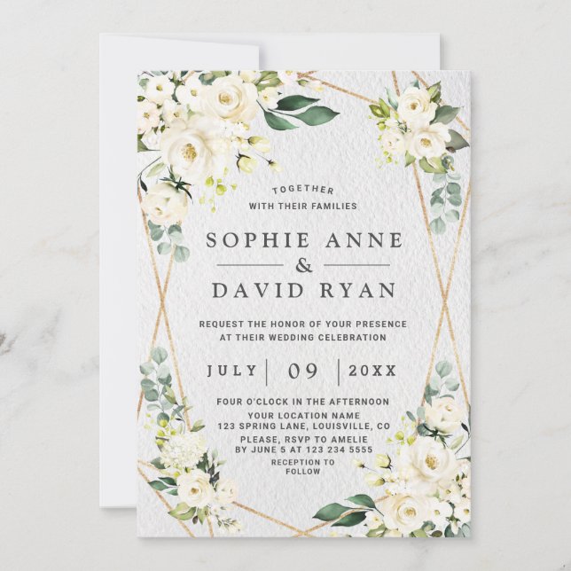 Invitation Charmant Aquarelle Blanc Floral Mariage or (Devant)