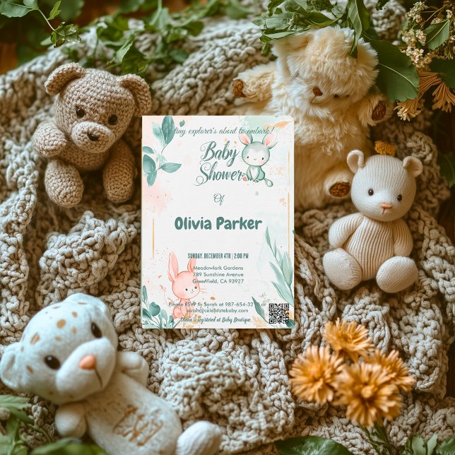 Invitation Charmant bébé à l'aquarelle Rose Poussiéreuse et V (Créateur téléchargé)