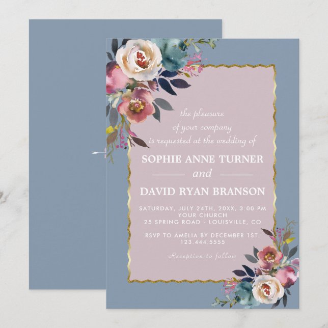 Invitation Charmant bleu bleu foncé Rose floral Mariage or (Devant / Derrière)