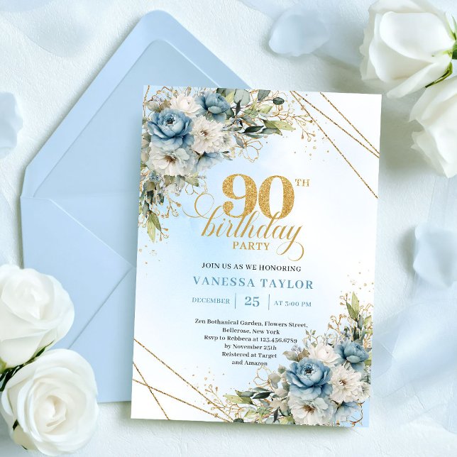 Invitation Charmant Boho Bleu Floral Eucalyptus 90e Anniversa (Charming Boho Blue Floral Eucalyptus 90th Birthday)