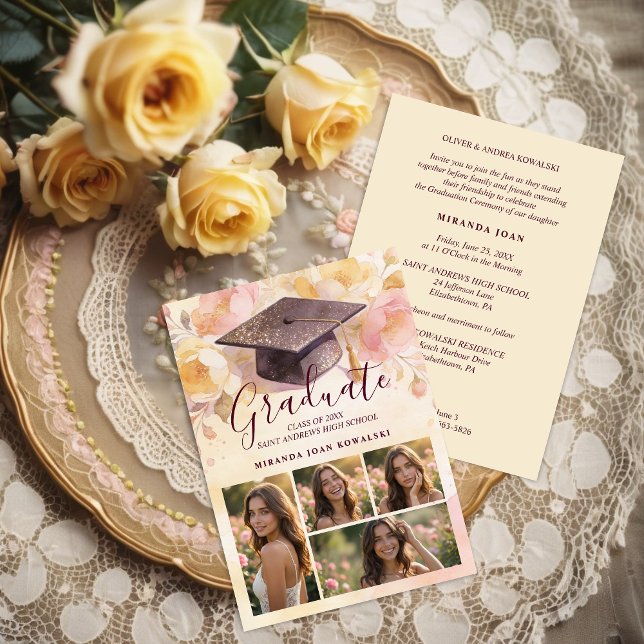 Invitation Charmant Capuchon de Remise de Diplôme Collage Flo (Charming Graduation Cap 4-Photo Collage Floral Background Ceremony and Party Invitation Card Design.)