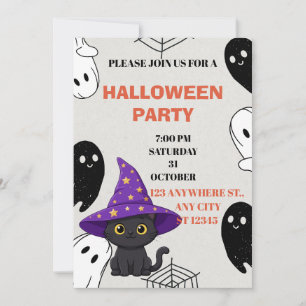 Invitation Charmant Chapeau Violet Chat Halloween 