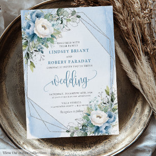 Invitation Charmant Dusty Bleu Blanc Fleurs d'argent Mariage