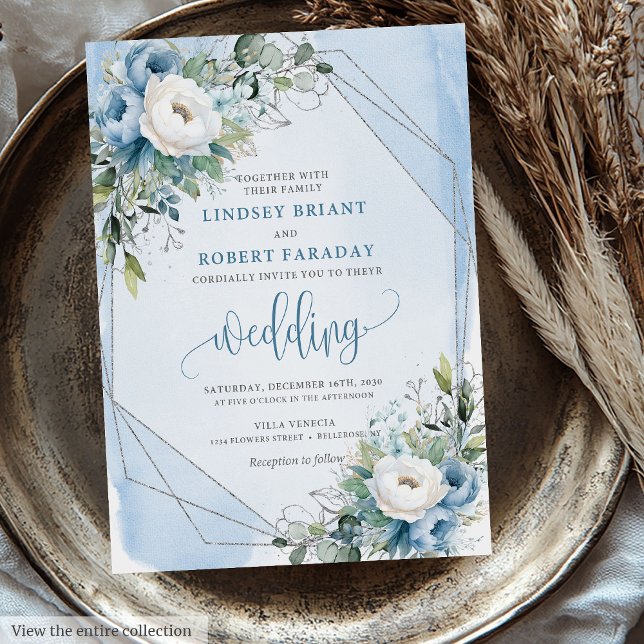 Invitation Charmant Dusty Bleu Blanc Fleurs d'argent Mariage (Charming Dusty Blue White Silver Flowers Wedding Invitation)