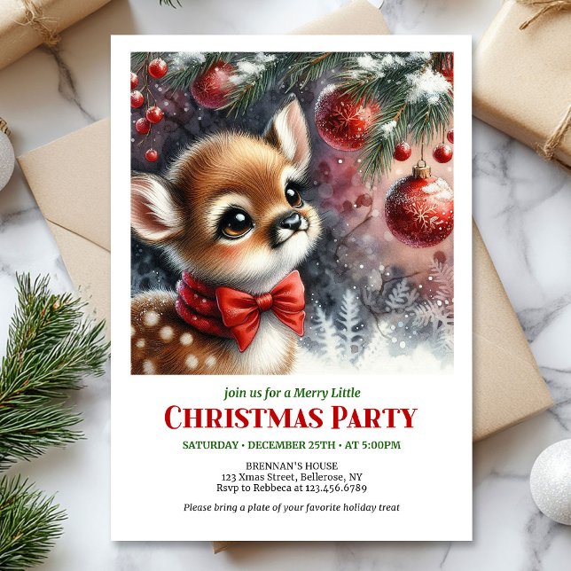 Invitation Charmant faon à l'aquarelle forêt enneigée sereine (Charming watercolor fawn snowy forest serene cozy Christmas invite

)