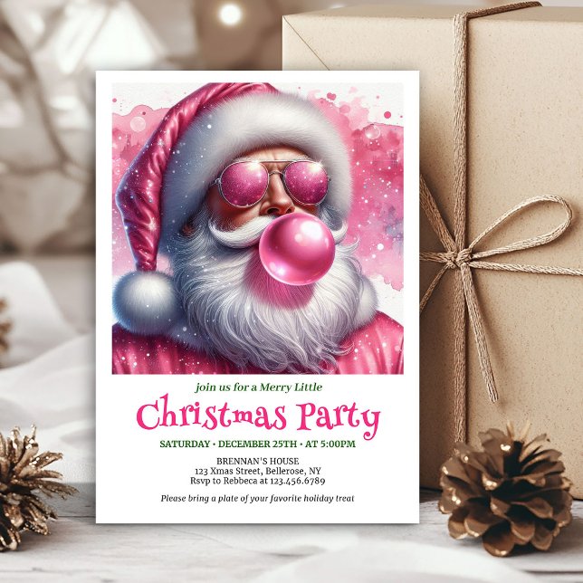 Invitation Charmant Père Noël rose Bubble Gum Drôle de Noël  (Charming Pink Santa Bubble Gum Funny Christmas Invitation

)