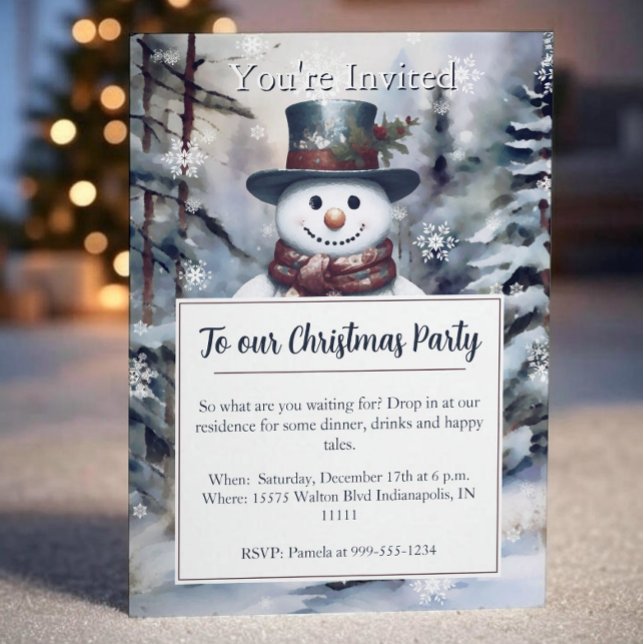 Invitation Charmant Snowman Watercolor Fête de forêt d'hiver (Charming Snowman Watercolor Winter Forest Party Invitation
)