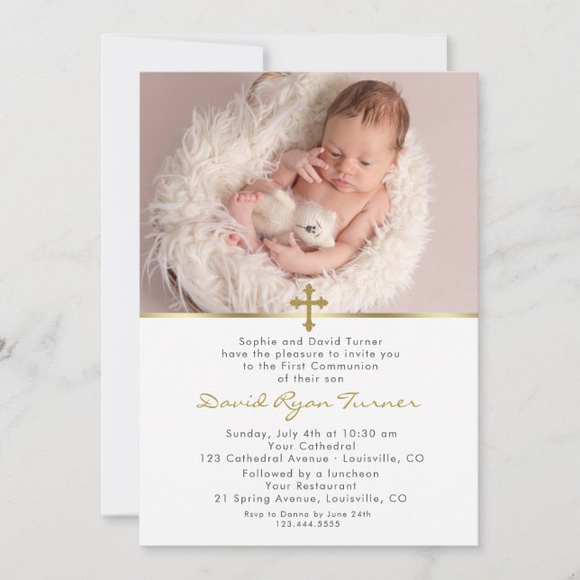 Invitation Charmante Baby Photo Gold Cross Sainte Communion (Devant)