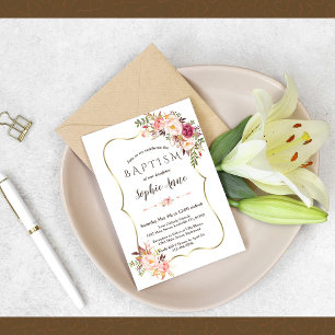 Invitation Charmante cadre or Blush rose floral Baptême