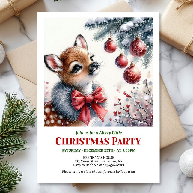 Invitation charmante de Noël avec un bébé cerf dan (Charming snowy forest baby deer Christmas invite editable template)