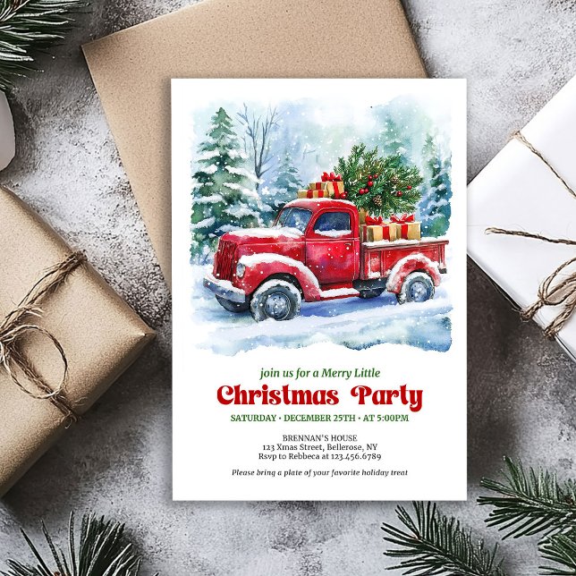 Invitation charmante de scène de Noël avec camion  (Classic Christmas party invitation,
modern Traditional red truck car,
watercolor cozy Christmas scen)