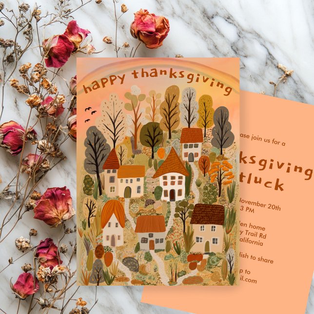 Invitation Charmante fête de Thanksgiving Village d'automne (Charming Autumn Village Thanksgiving Party Invitation
)