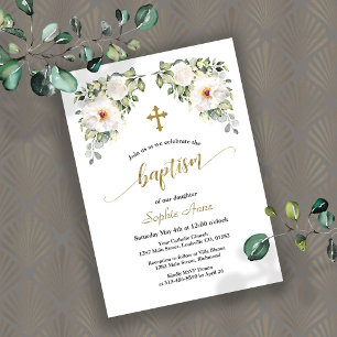 Invitation Charmante Fleurs Blanches Baptême Or Calligraphie