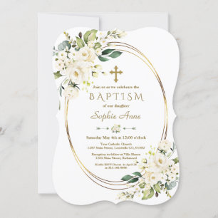 Invitation Charmante Fleurs Blanches Croix Or Cadre Baptême
