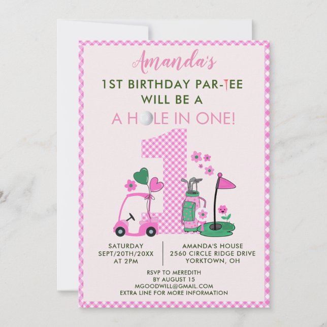 Invitation Charmante Golf Rose Girl 1er anniversaire Par-Tee (Devant)