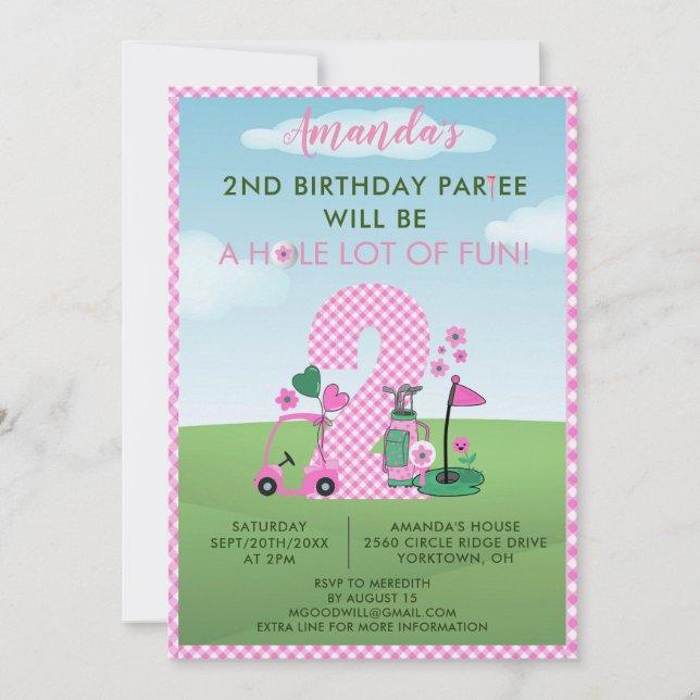 Invitation Charmante Golf Rose Girl 2e Anniversaire Par Tee (Devant)