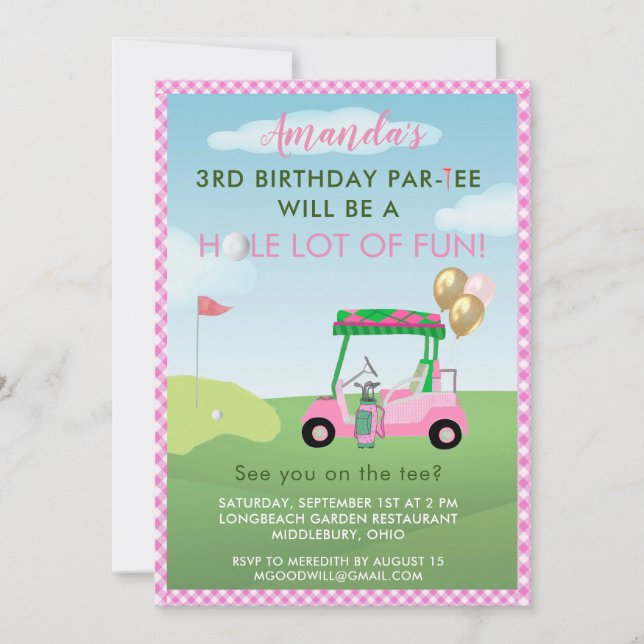 Invitation Charmante Golf Rose Girl 3e anniversaire Par Tee (Devant)