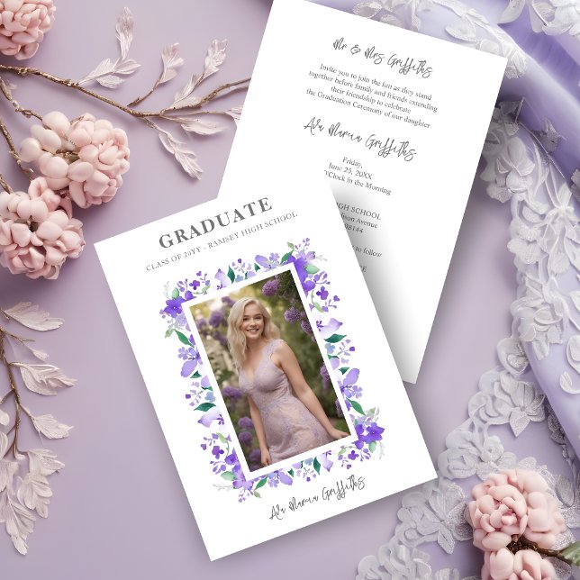 Invitation Charmante Graceful Floral Graduation Lilac Photo (Charming Graceful Floral Contemporary Purple Personalized Photo Graduation Invitation Card.)