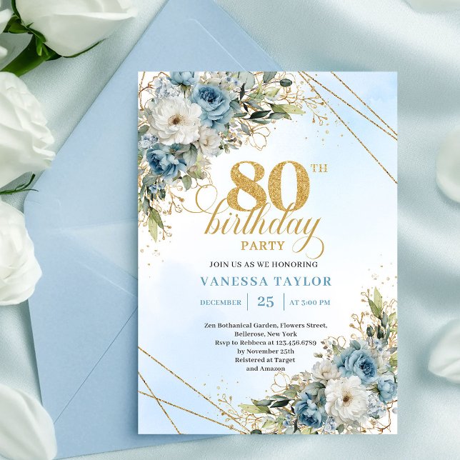 Invitation charmante pour 80e anniversaire Fleurs  (Charming 80th Birthday Invite Dusty Blue Flowers Gold)