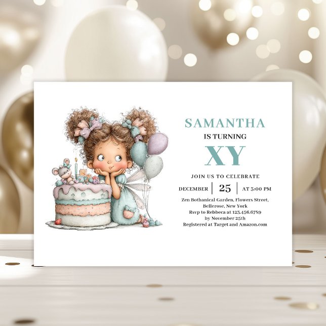 Invitation charmante pour les 4 ans de la Fille Fé (Magical Fairy Girl 4th Birthday Cute Whimsy invitation)