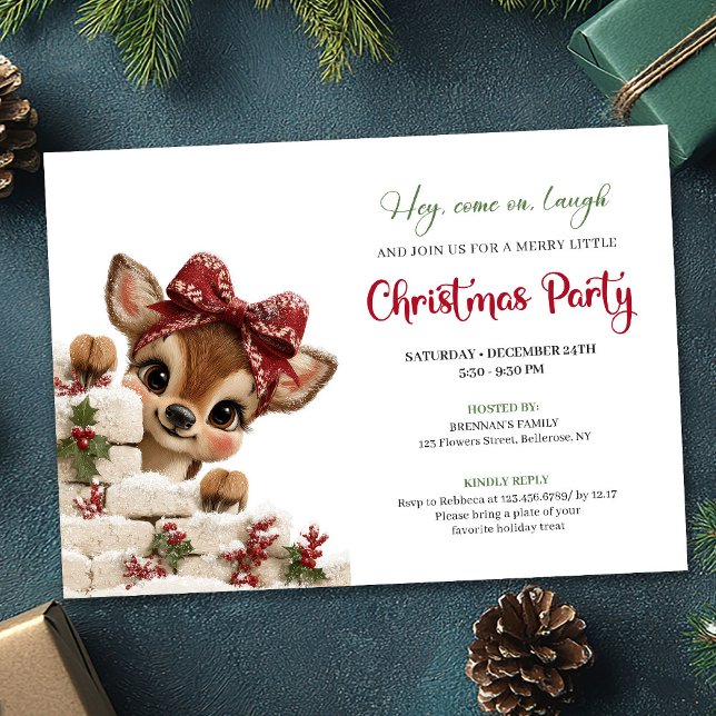 Invitation charmante pour une fête de Noël avec un (Charming peeking reindeer fun holiday party invitation)