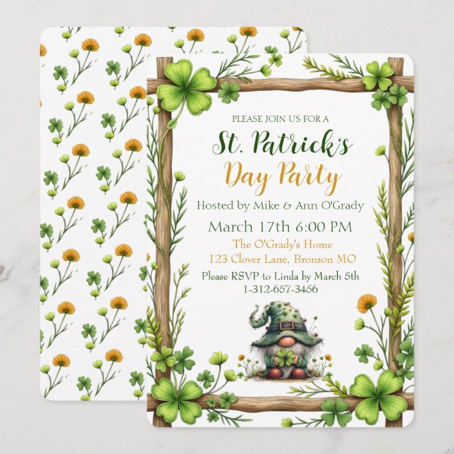 Invitation charmante printemps trèfle et gnome  (Devant / Derrière)