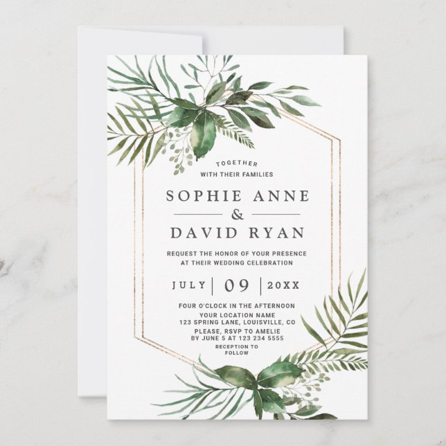 Invitation Charmante verdure or Mariage de cadre géométrique (Devant)