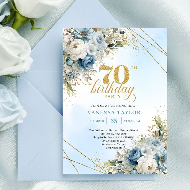 Invitation Charmants floraux bleus boho cadre doré 70e annive (Charming boho blue florals gold frame 70th birthday

)