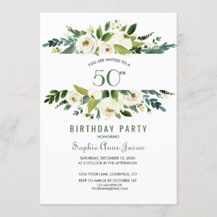 Invitation Charme Aquarelle Blanc Cadre Floral 50e Anniversai
