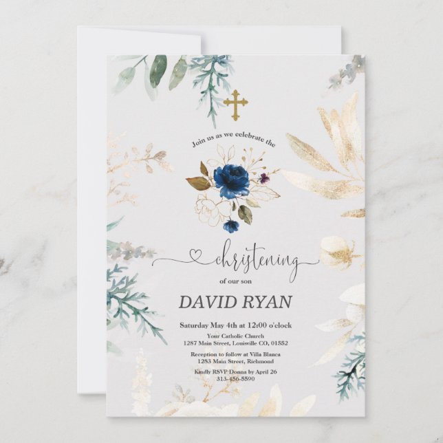 Invitation Charme Aquarelle Bleu Floral Or Christening (Devant)