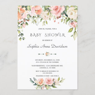 Invitation Charme Aquarelle Crème Bleue Baby shower Floral