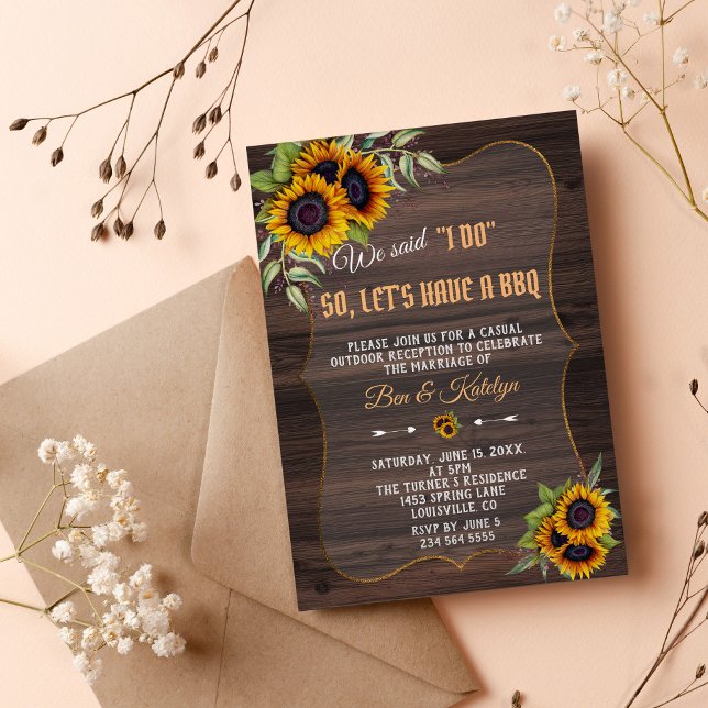 Invitation Charme Aquarelle Sunflower Bois Mariage I DO BBQ (I do bbq wedding sunflowers wood fall)