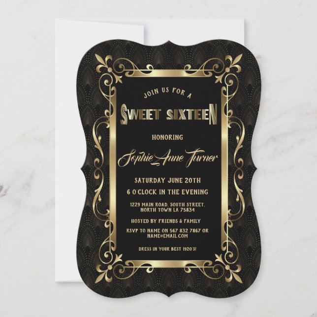 Invitation Charme Black Great Gatsby Art Déco années 1920 SWE (Devant)