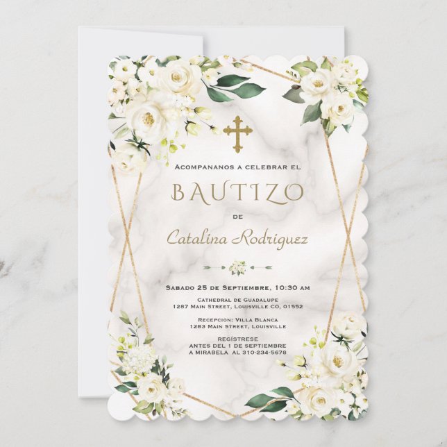 Invitation Charme Blanc Floral Espagnol Invitacion De Bautizo (Devant)