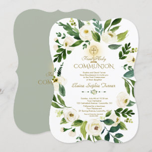 Invitation Charme Blanc Floral Wreath Cross Holy Communion
