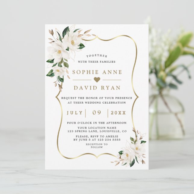 Invitation Charme Blanc Magnolia Gold Mariage Floral (Debout devant)