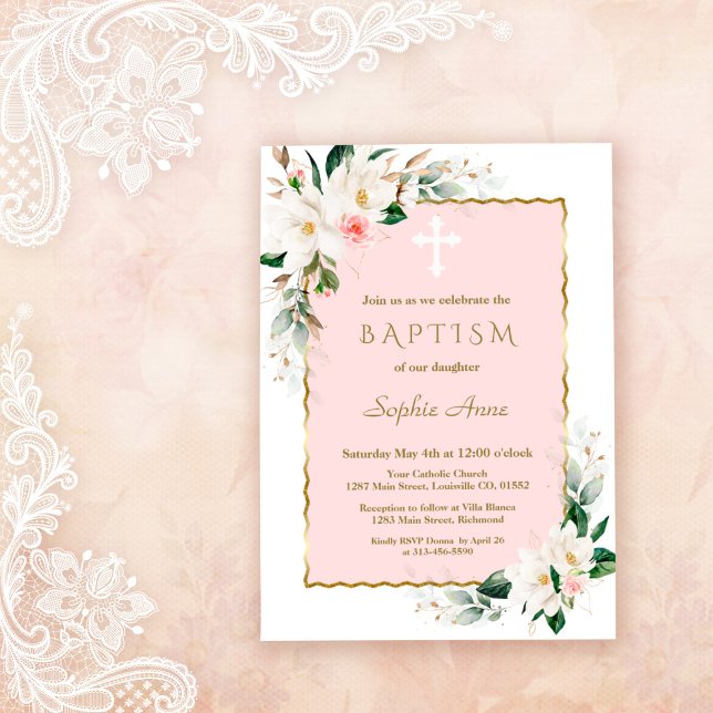 Invitation Charme Blanc Magnolia Rose Or Floral Baptême (white magnolia baptism, trendy modern elegant baptism invitation, gold white floral baptism invite)