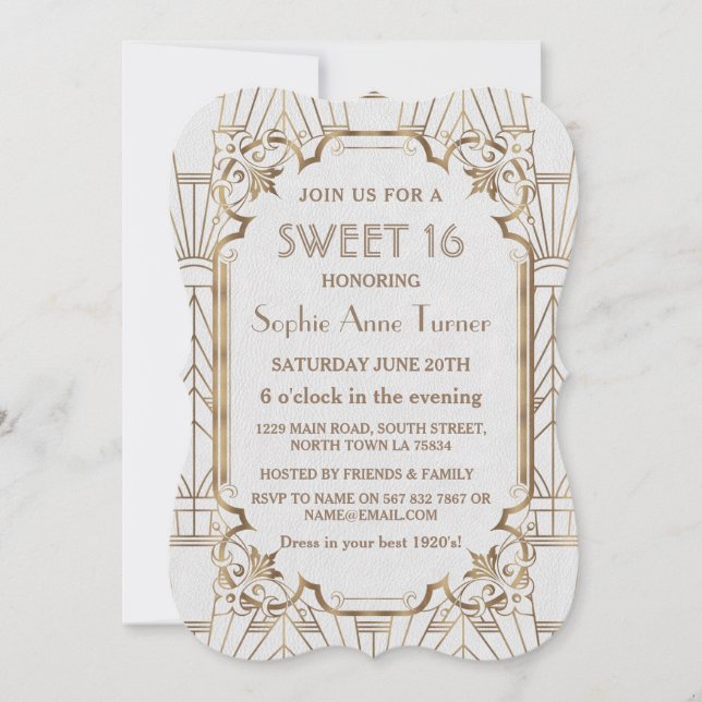 Invitation Charme Blanc Or Great Gatsby Art Déco Sweet 16 (Devant)