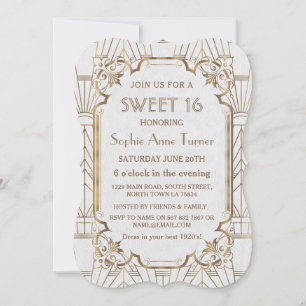 Invitation Charme Blanc Or Great Gatsby Art Déco Sweet 16