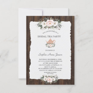 Invitation Charme Blanc Rose Floral Bois Bridal Tea Party