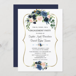 Invitation Charme Bleu Bleu Floral Fiançailles Or