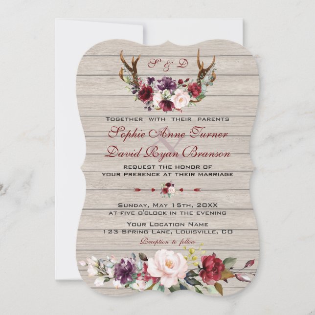 Invitation Charme Bourgogne Blush Floral Antlers Barne Mariag (Devant)