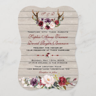 Invitation Charme Bourgogne Blush Floral Antlers Barne Mariag