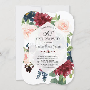 Invitation Charme Bourgogne Cadre Hexagon Floral 50e Annivers