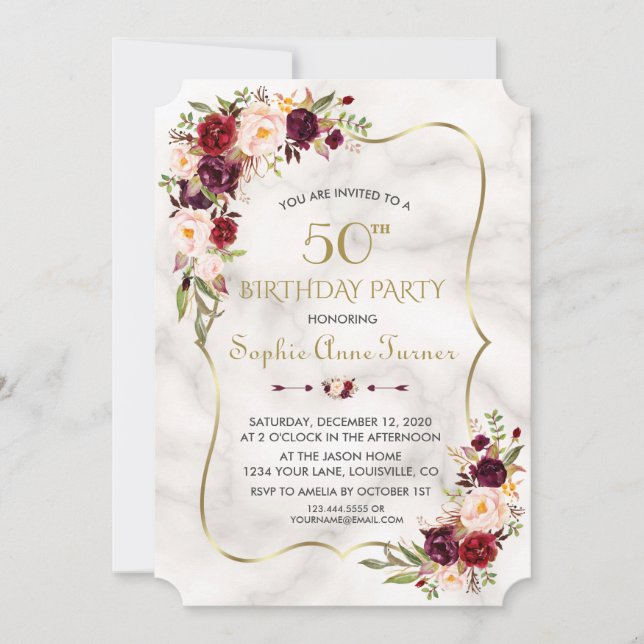 Invitation Charme Bourgogne Fleurs Marbre Or 50e anniversaire (Devant)