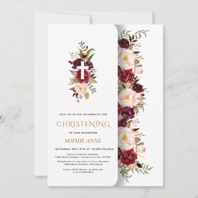 Invitation Charme Bourgogne Fleurs roses Gold Girl Christenin (Devant)