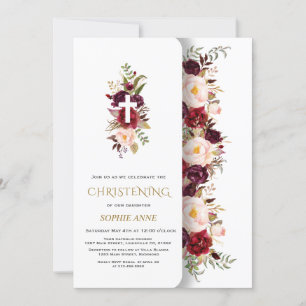 Invitation Charme Bourgogne Fleurs roses Gold Girl Christenin